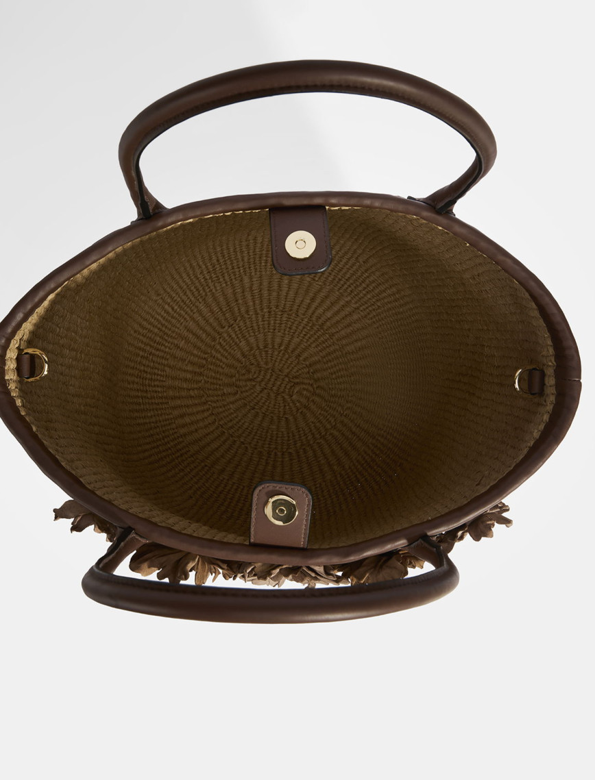 Kadın Kahve Çiçek Detaylı Hasır Omuz Çantası