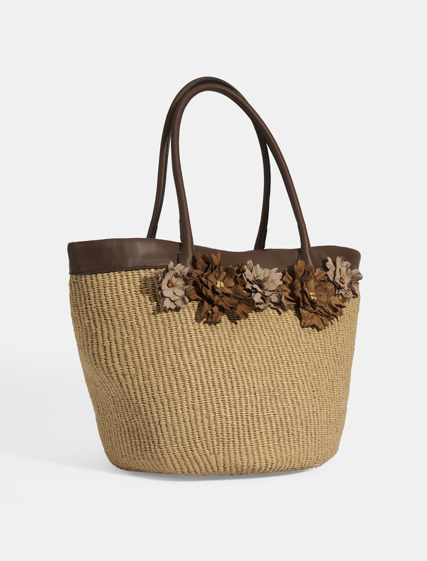 Kadın Kahve Çiçek Detaylı Hasır Omuz Çantası