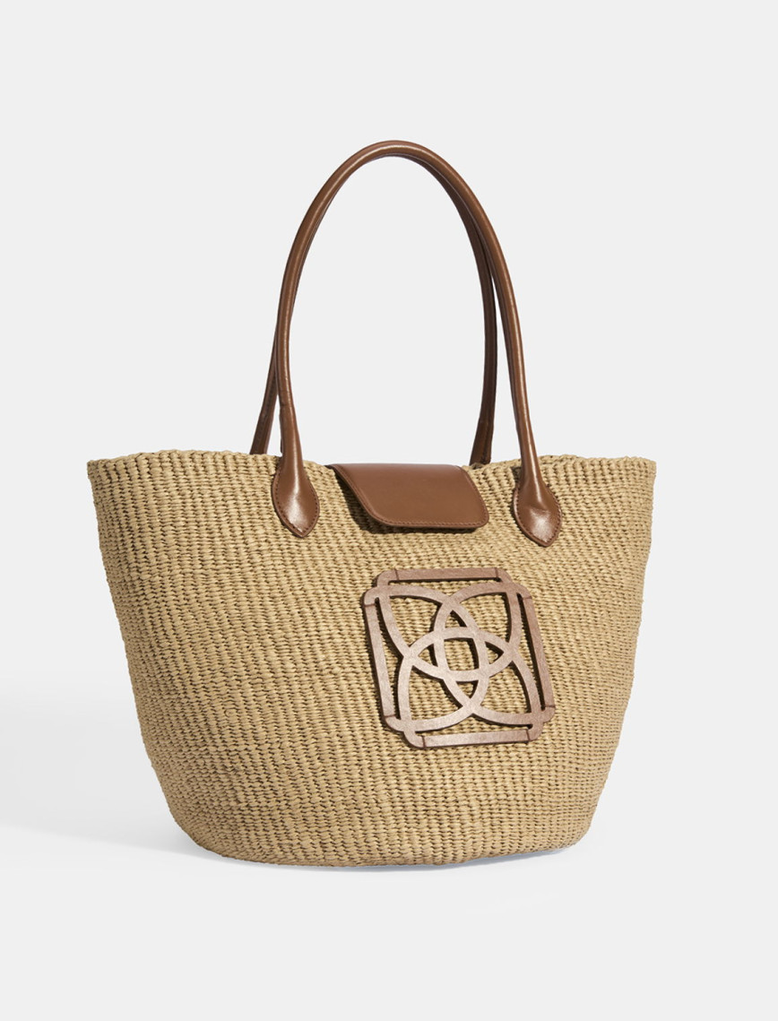 Kadın Taba Monogram Logolu Hasır Omuz Çantası Kadın Taba Monogram Logolu Hasır Omuz Çantası