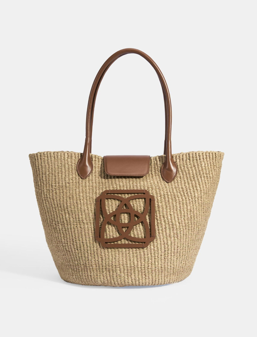 Kadın Taba Monogram Logolu Hasır Omuz Çantası Kadın Taba Monogram Logolu Hasır Omuz Çantası