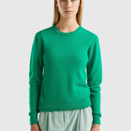 Kadın Yeşil Bisiklet Yaka Merino Kazak