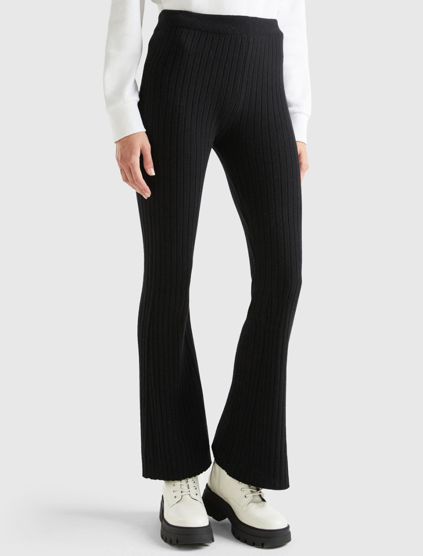 Kadın Siyah Yün Karışımlı Regular Fit Triko Pantolon