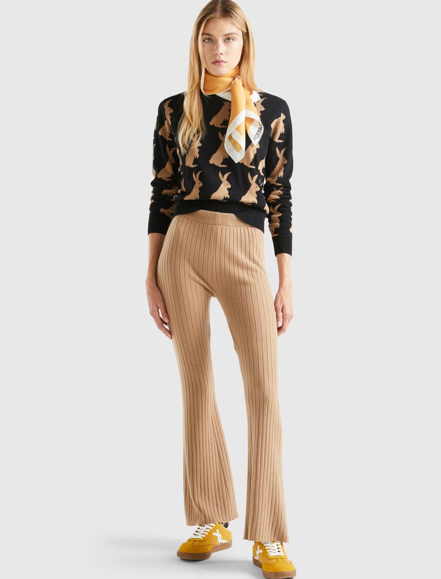 Kadın Taba Yün Karışımlı Regular Fit Triko Pantolon