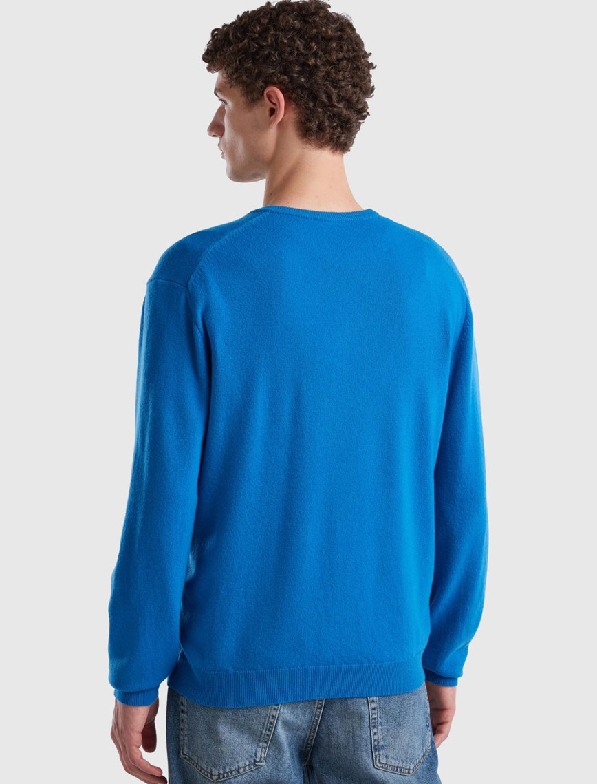 Erkek Mavi V Yaka Merino Kazak