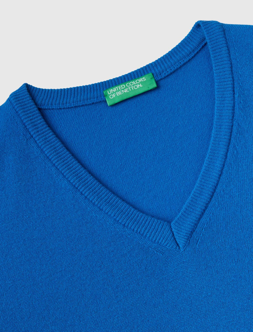 Erkek Mavi V Yaka Merino Kazak