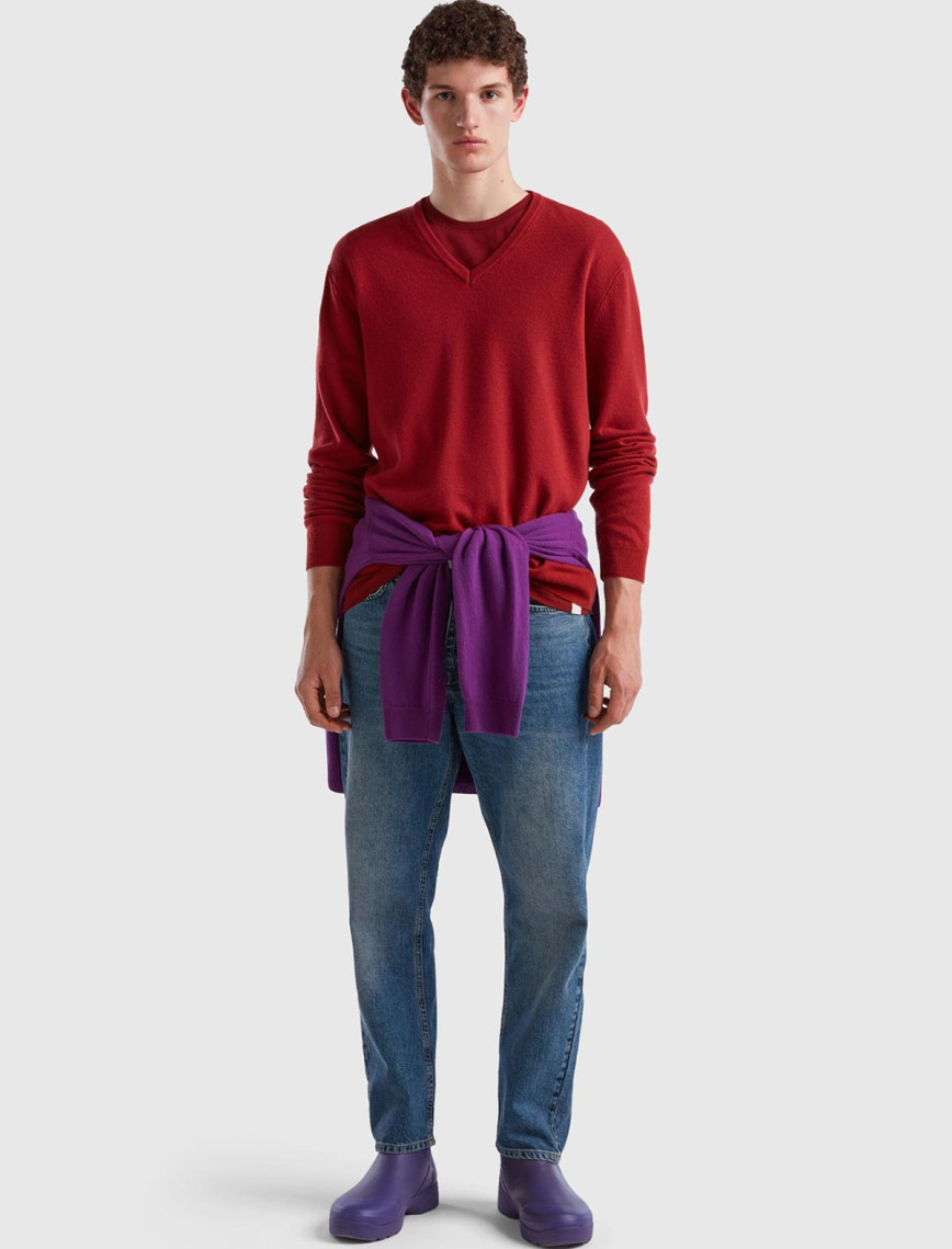 Erkek Bordo V Yaka Merino Kazak