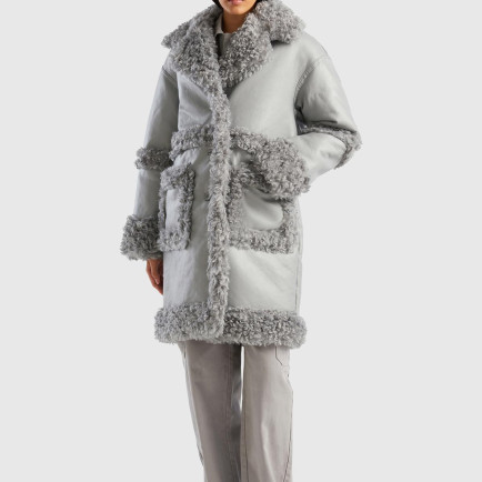 Kadın Açık Gri Suni Deri Palto Kadın Açık Gri Suni Deri Palto
