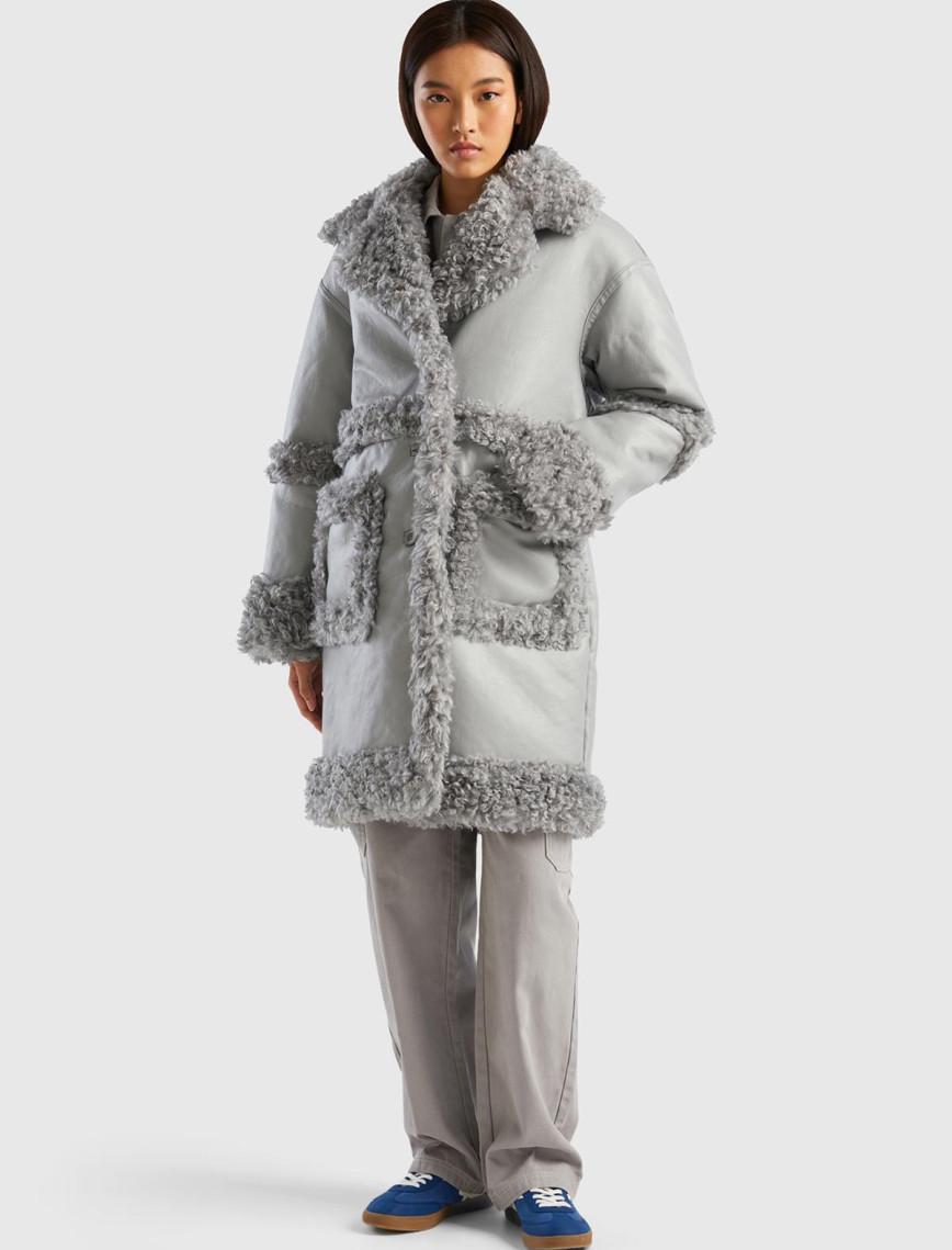 Kadın Açık Gri Suni Deri Palto Kadın Açık Gri Suni Deri Palto