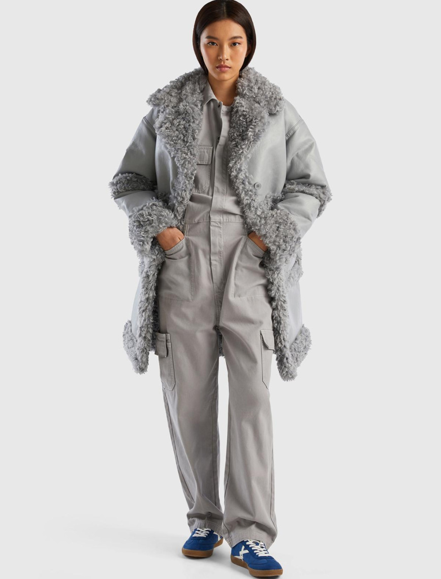 Kadın Açık Gri Suni Deri Palto Kadın Açık Gri Suni Deri Palto