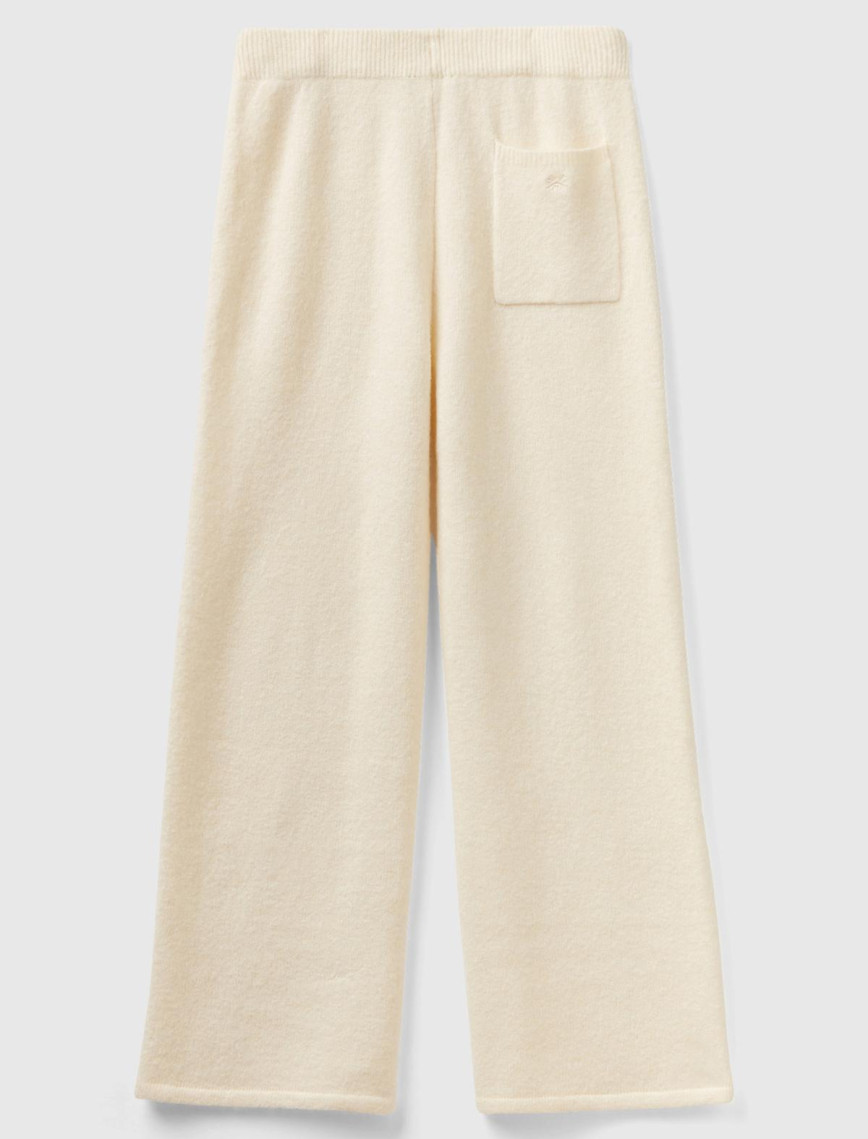 Kadın Beyaz Yün Karışımlı Şardonlu Triko Pantolon