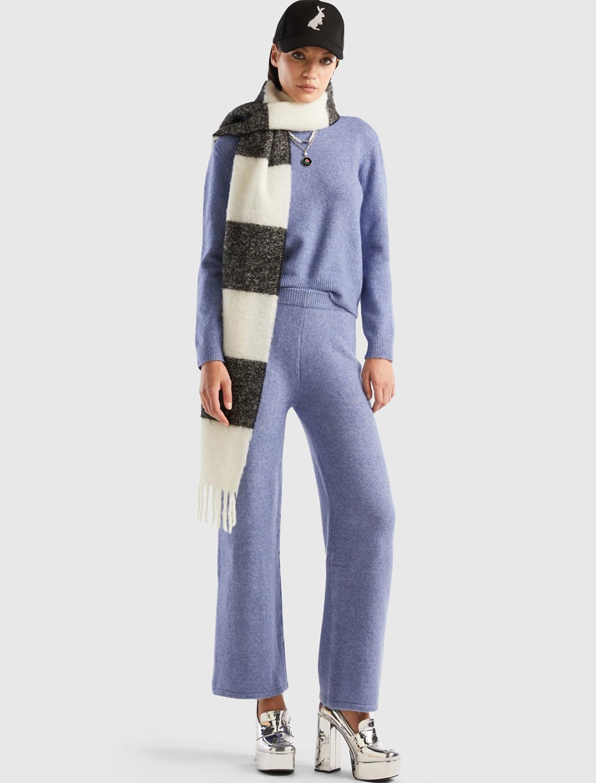 Kadın Havacı Mavi Yün Karışımlı Şardonlu Triko Pantolon