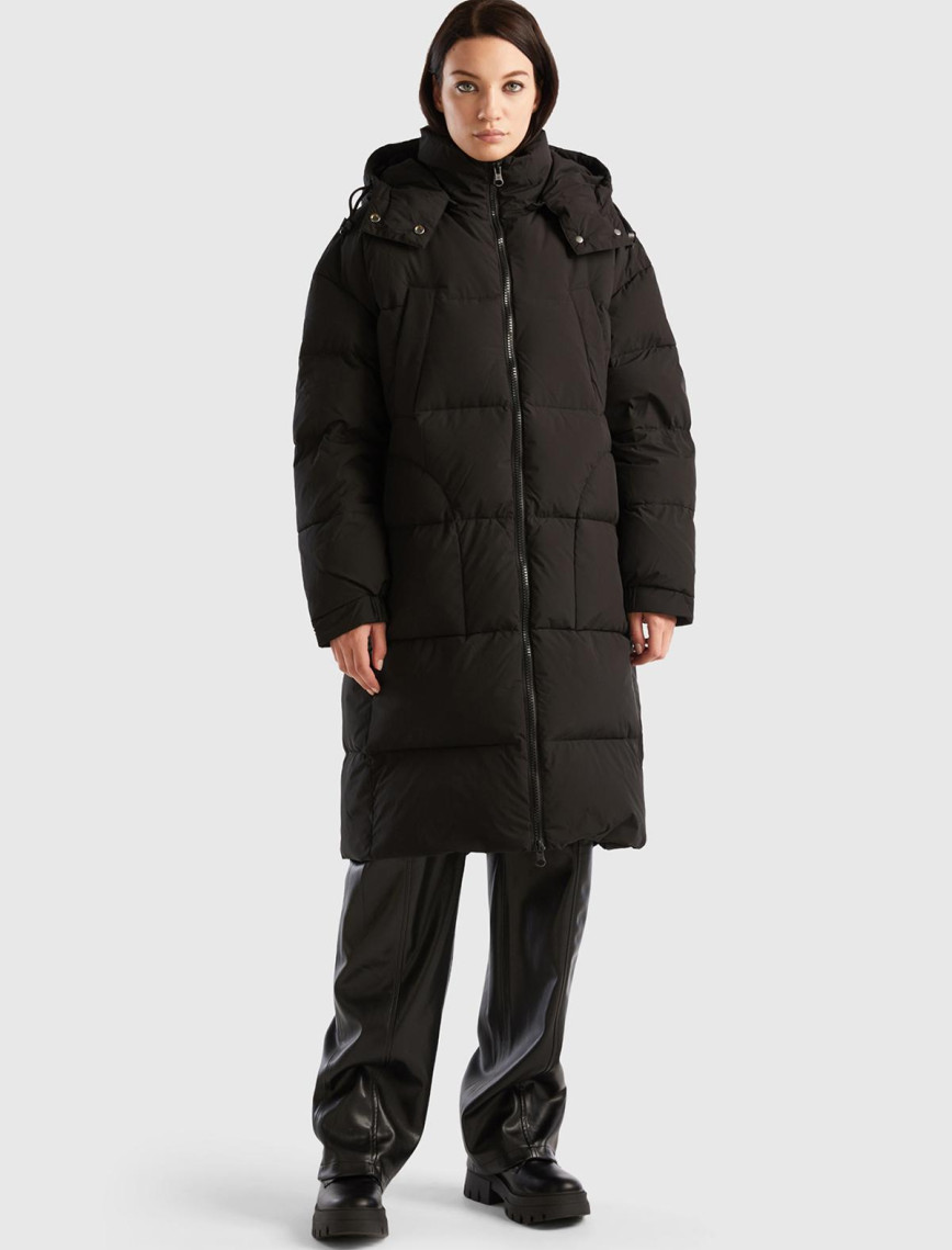 Kadın Siyah Kaz Tüyü Dolgulu Uzun Mont