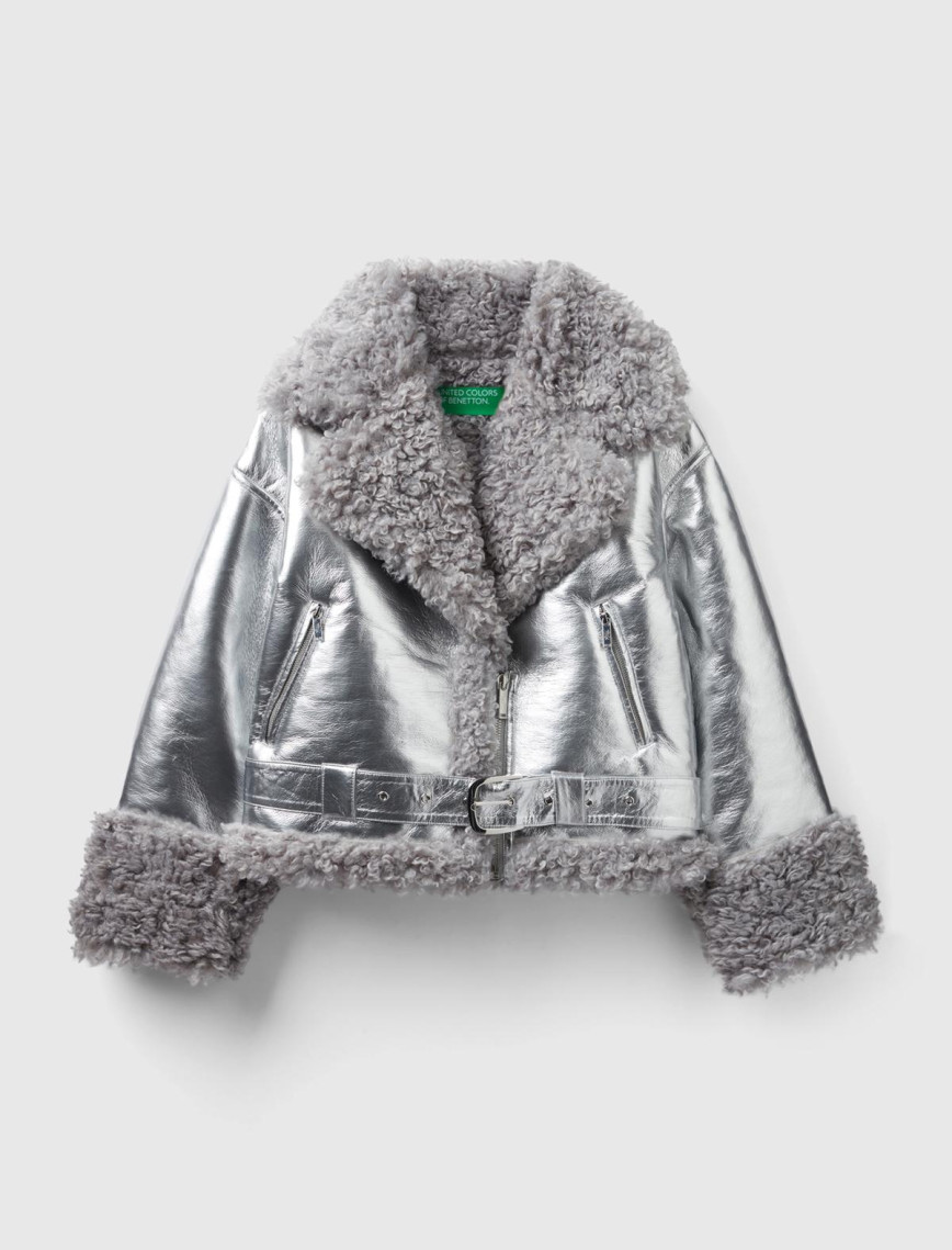 Kadın Gümüş Şal Yaka Suni Deri Ceket Kadın Gümüş Şal Yaka Suni Deri Ceket