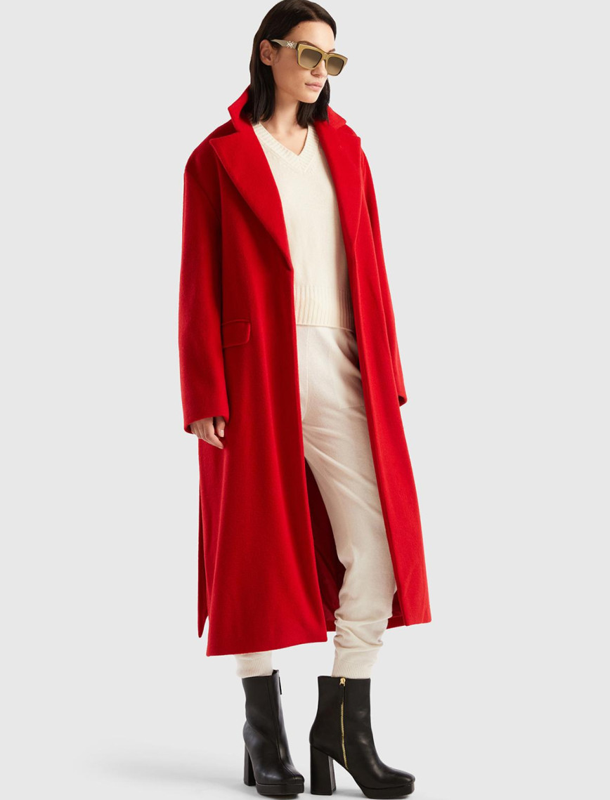 Kadın Bordo Yün Karışımlı Belden Bağlamalı Palto Kadın Bordo Yün Karışımlı Belden Bağlamalı Palto