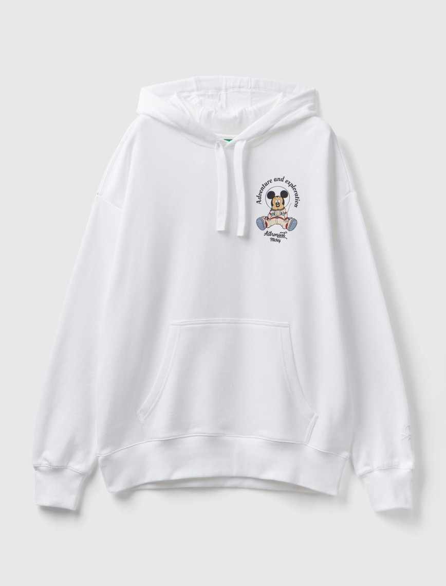 Unisex Beyaz Disney Desenli Kapşonlu Sweatshirt