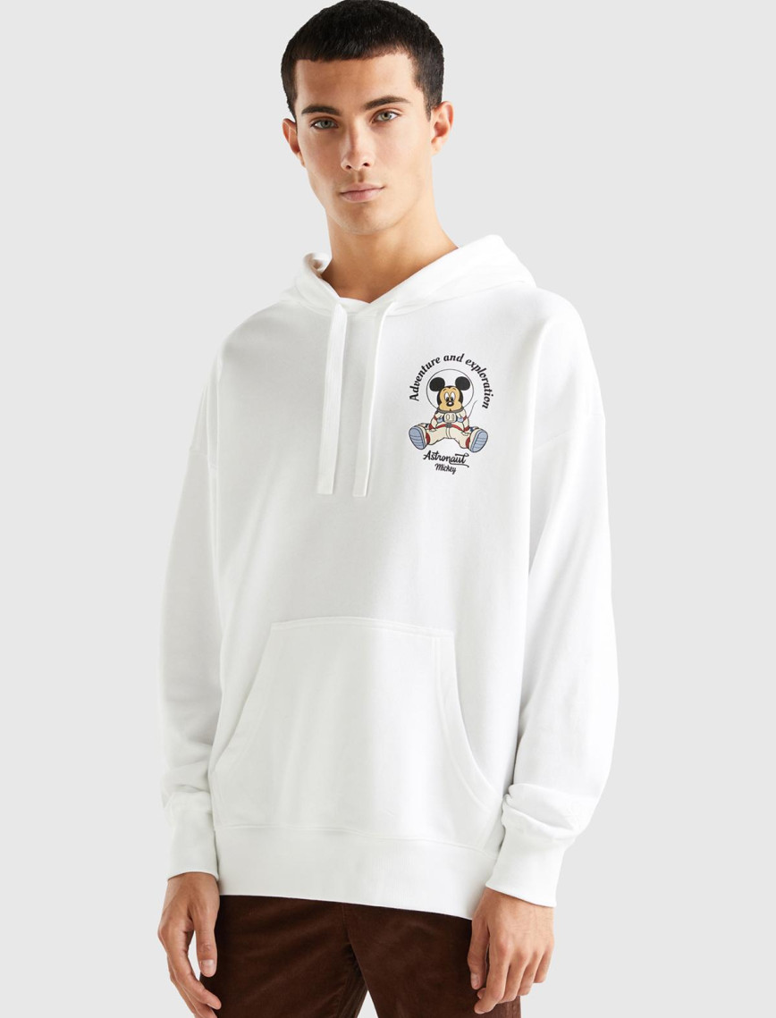 Unisex Beyaz Disney Desenli Kapşonlu Sweatshirt