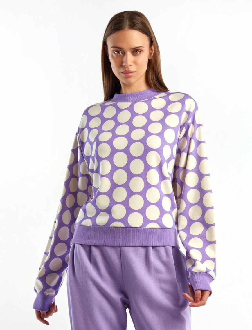 Kadın Lila Puantiyeli  Koton Sweatshirt