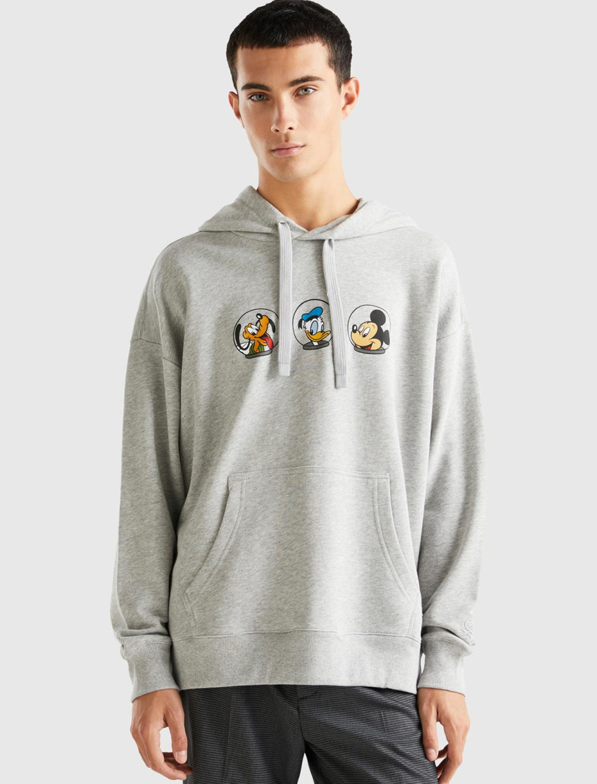 Unisex Gri Melanj Disney Desenli Kapşonlu Sweatshirt