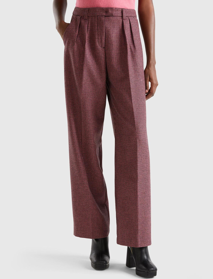 Kadın Pembe Mix Kazayağı Desenli Geniş Paça Pantolon Kadın Pembe Mix Kazayağı Desenli Geniş Paça Pantolon