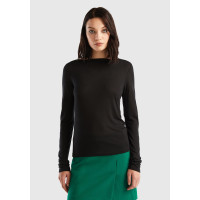 Kadın Siyah Viskoz/Yün Karışımlı Uzun Kollu Kayık Yaka T-Shirt Kadın Siyah Viskoz/Yün Karışımlı Uzun Kollu Kayık Yaka T-Shirt