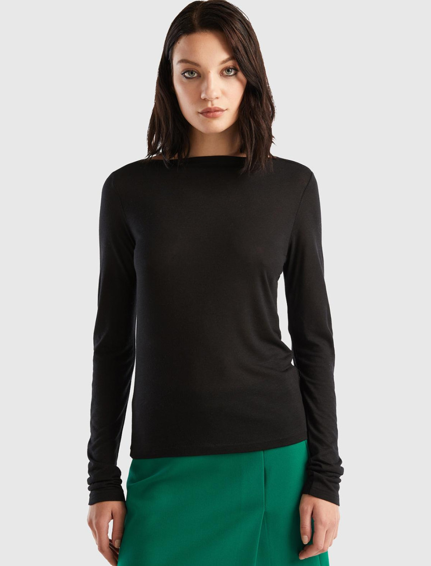 Kadın Siyah Viskoz/Yün Karışımlı Uzun Kollu Kayık Yaka T-Shirt Kadın Siyah Viskoz/Yün Karışımlı Uzun Kollu Kayık Yaka T-Shirt