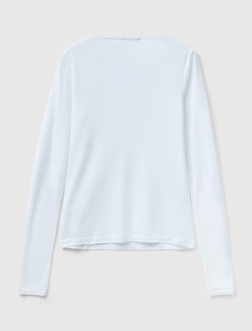 Kadın Beyaz Viskoz/Yün Karışımlı Uzun Kollu Kayık Yaka T-Shirt Kadın Beyaz Viskoz/Yün Karışımlı Uzun Kollu Kayık Yaka T-Shirt