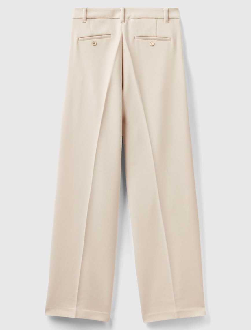 Kadın Bej Poliviskoz Bol Paça Pileli Pantolon