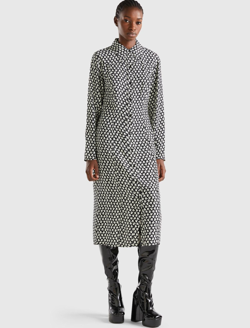 Kadın Yeşil Mix %100 Viskoz Çiçek Desenli Gömlek Yaka Uzun Kollu Elbise Kadın Yeşil Mix %100 Viskoz Çiçek Desenli Gömlek Yaka Uzun Kollu Elbise