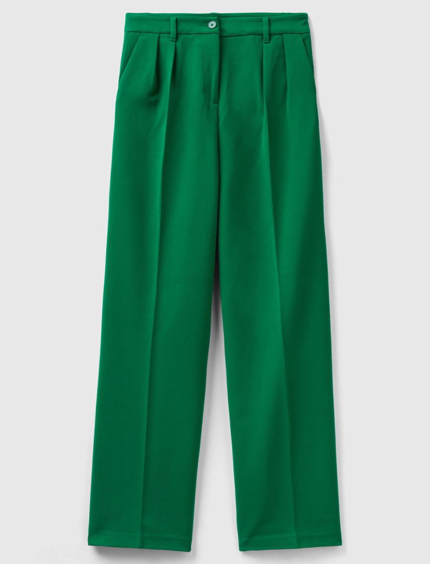 Kadın Yeşil Poliviskoz Bol Paça Pileli Pantolon