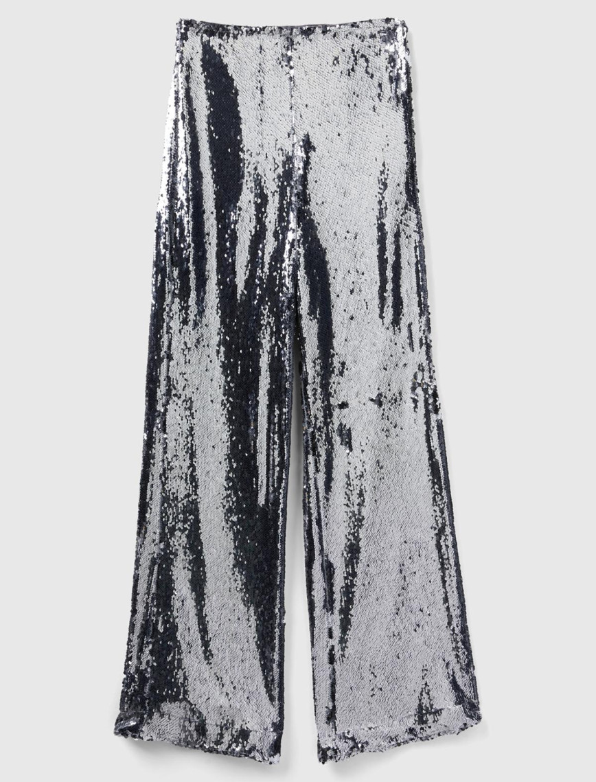 Kadın Gümüş Yandan Fermuarlı  Payetli Regular Fit Pantolon