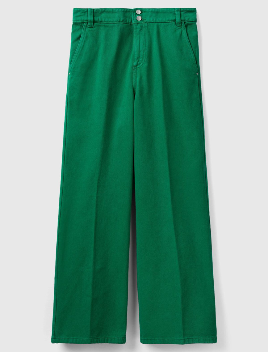 Kadın Yeşil Beli Lastikli Geniş Paça Denim Pantolon Kadın Yeşil Beli Lastikli Geniş Paça Denim Pantolon