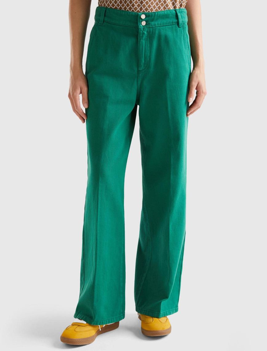 Kadın Yeşil Beli Lastikli Geniş Paça Denim Pantolon Kadın Yeşil Beli Lastikli Geniş Paça Denim Pantolon