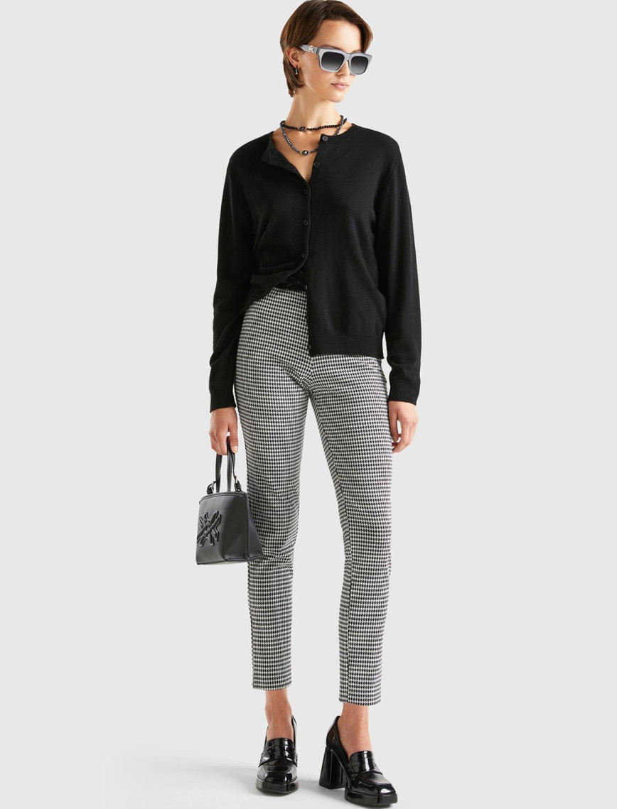 Kadın Siyah-Beyaz Poliviskoz Kazayağı Desneli Skiny Fit Pantolon