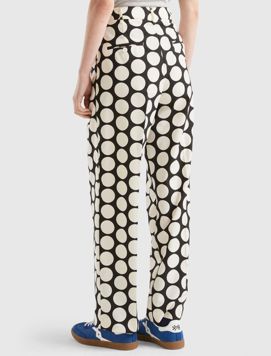 Kadın Siyah Beyaz Poliviskoz  Puantiyeli Geniş Paça Pantolon