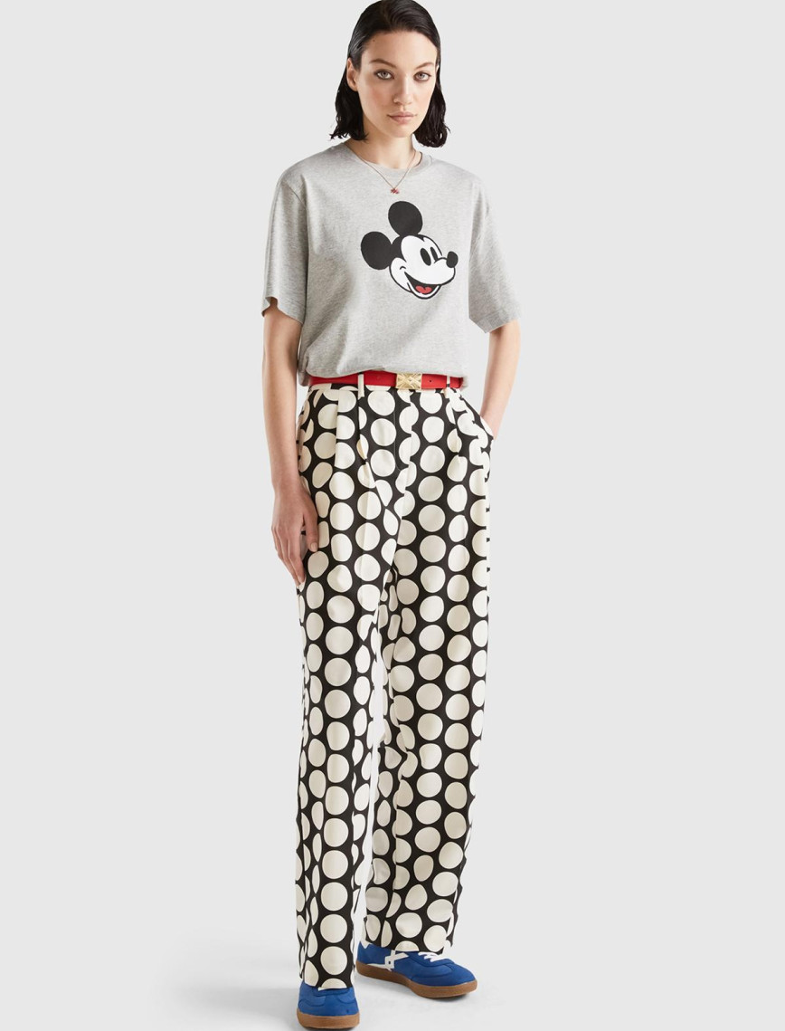 Kadın Siyah Beyaz Poliviskoz  Puantiyeli Geniş Paça Pantolon