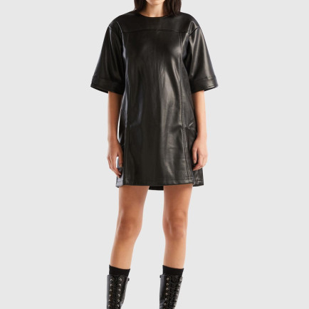 Kadın Siyah Suni Deri Arkada Fermuarlı Kısa Kollu Mini Elbise