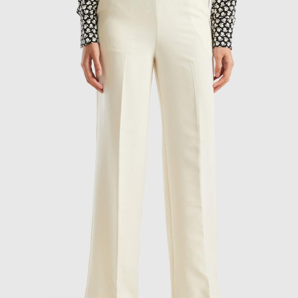Kadın Krem Geniş Paça Yüksel Bel Saten Detaylı Pantolon