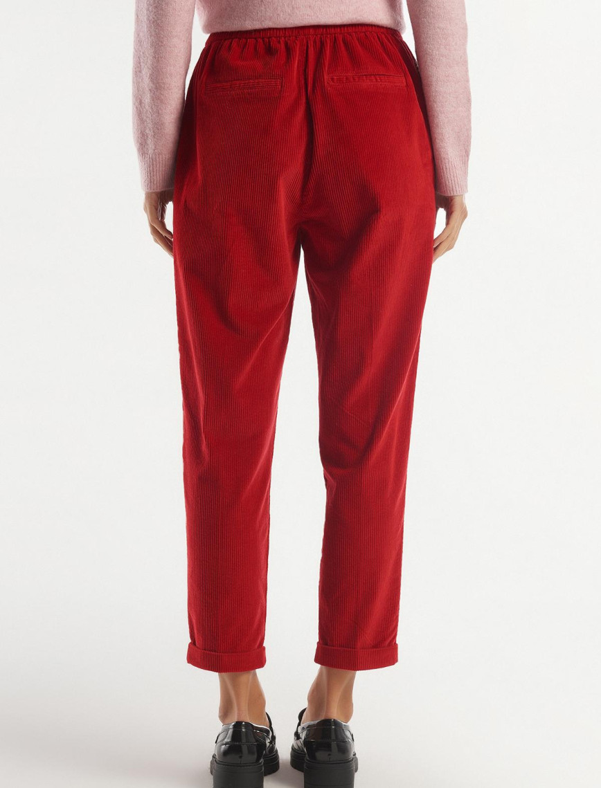 Kadın Kırmızı Beli Lastikli Kadife Pantolon