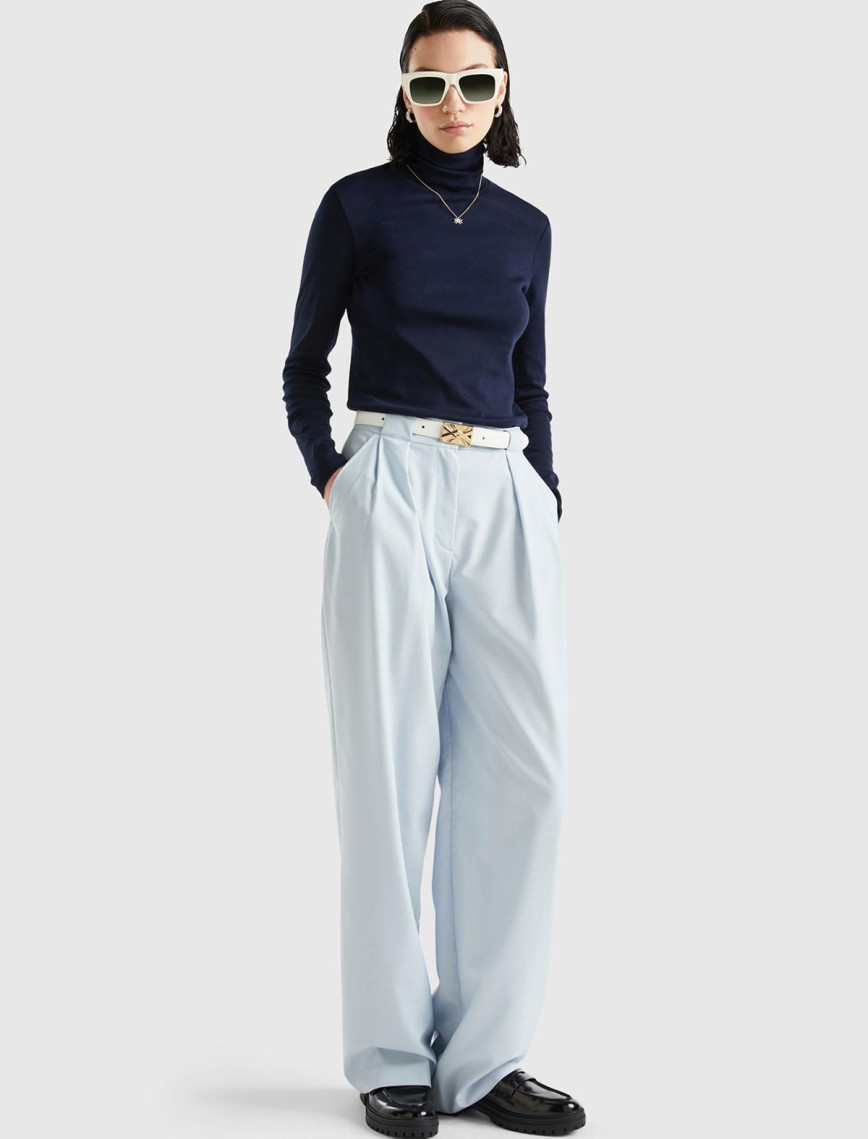 Kadın Soluk Mavi Poliviskoz Yüksek Bel Rahat Kalıp Pantolon Kadın Soluk Mavi Poliviskoz Yüksek Bel Rahat Kalıp Pantolon