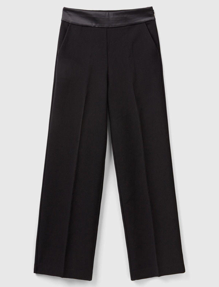 Kadın Siyah Geniş Paça Yüksel Bel Saten Detaylı Pantolon