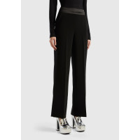 Kadın Siyah Geniş Paça Yüksel Bel Saten Detaylı Pantolon