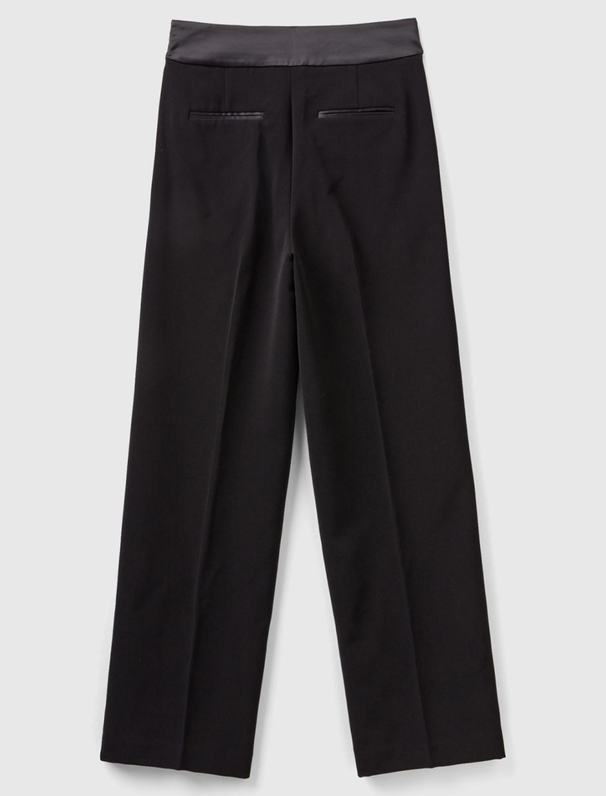 Kadın Siyah Geniş Paça Yüksel Bel Saten Detaylı Pantolon