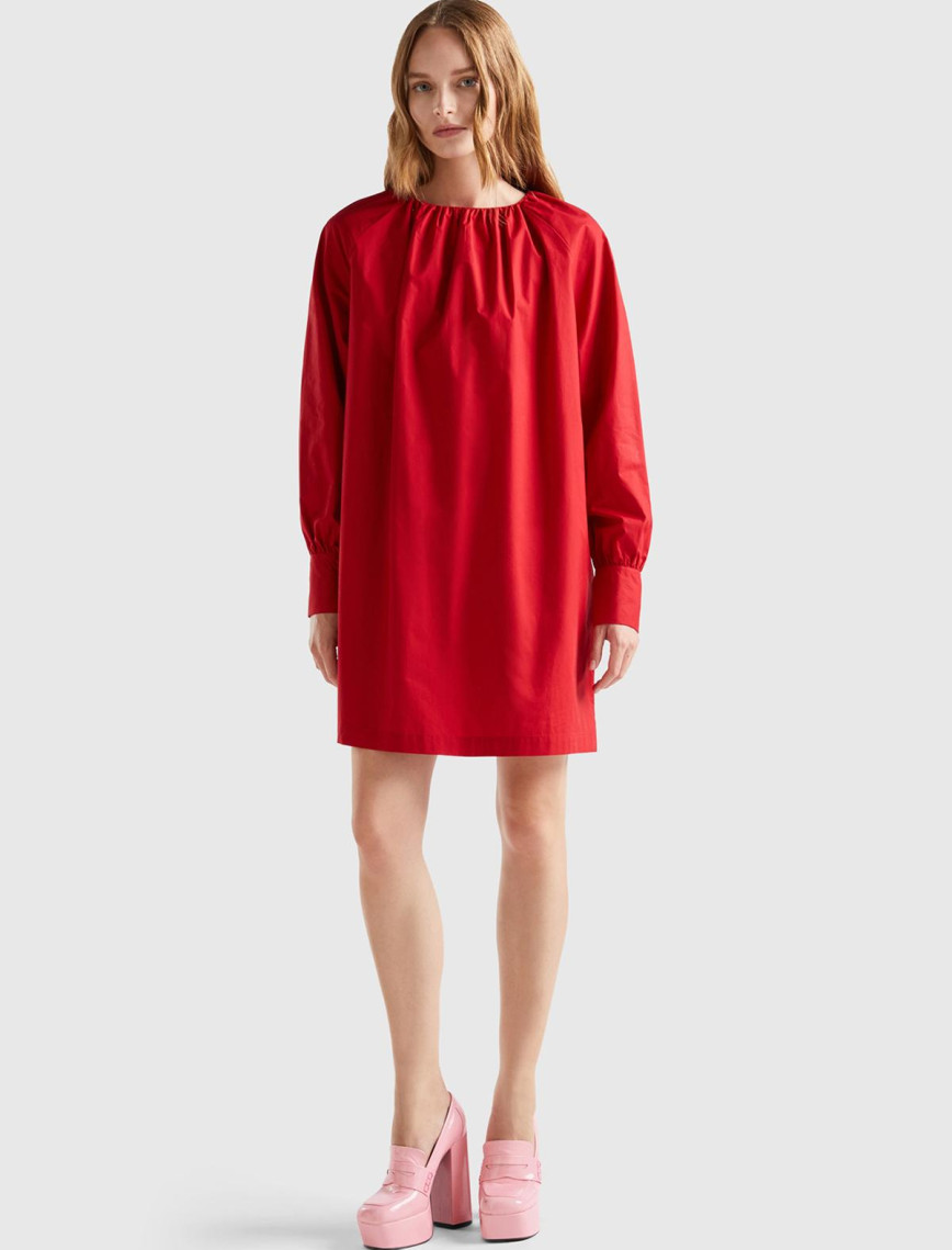 Kadın Kırmızı %100 Koton Raglan Uzun Kollu Midi Boy Elbise Kadın Kırmızı %100 Koton Raglan Uzun Kollu Midi Boy Elbise