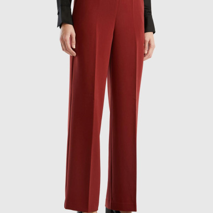 Kadın Bordo Geniş Paça Yüksel Bel Saten Detaylı Pantolon