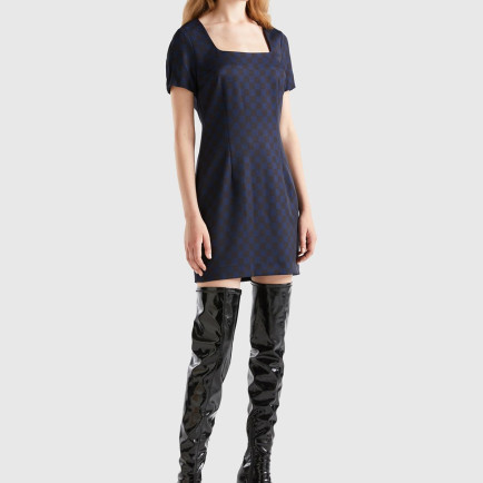 Kadın Lacivert Mix Dama Desenli Kısa Kollu Kare Yaka Elbise Kadın Lacivert Mix Dama Desenli Kısa Kollu Kare Yaka Elbise