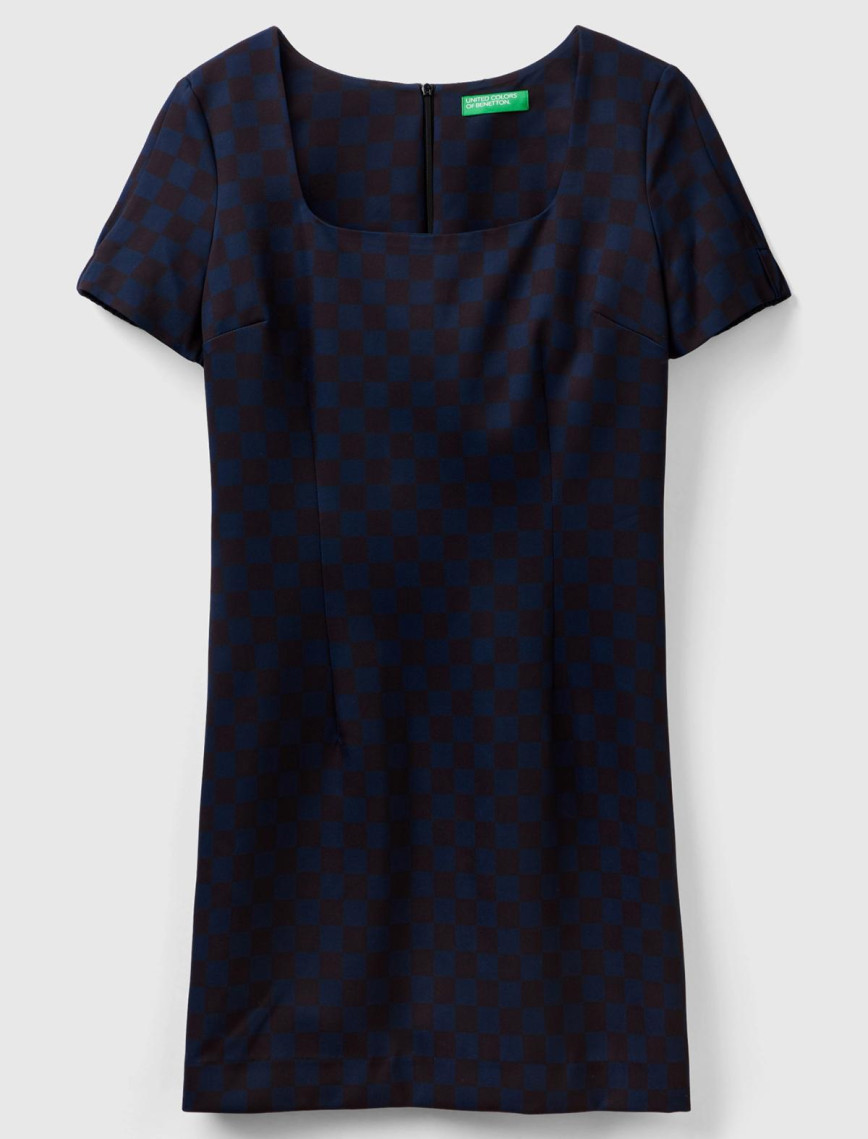 Kadın Lacivert Mix Dama Desenli Kısa Kollu Kare Yaka Elbise Kadın Lacivert Mix Dama Desenli Kısa Kollu Kare Yaka Elbise