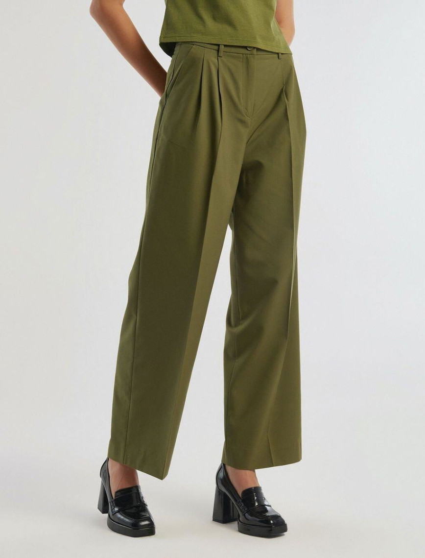 Kadın Zeytin Yeşili Poliviskoz Geniş Paça Pantolon