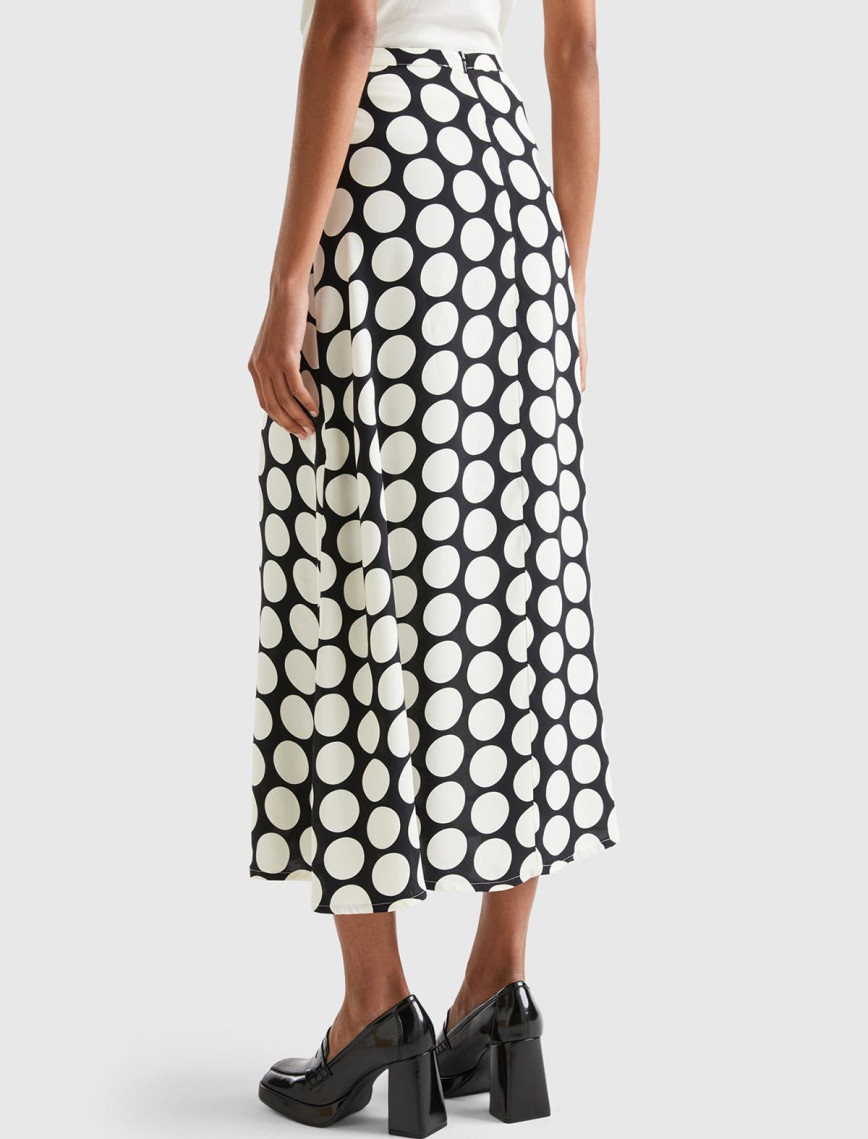 Kadın Siyah Beyaz %100 Viskoz Puantiyeli Yandan Fermuarlı Uzun Etek