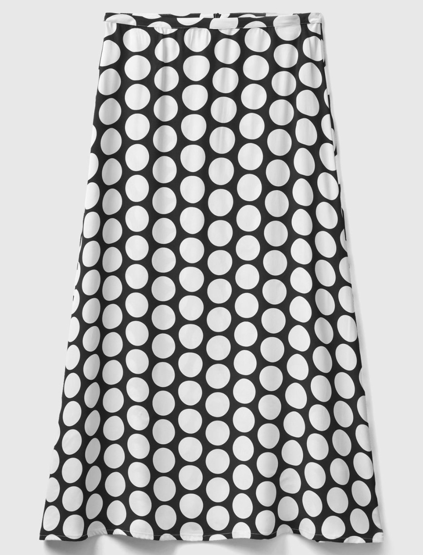 Kadın Siyah Beyaz %100 Viskoz Puantiyeli Yandan Fermuarlı Uzun Etek