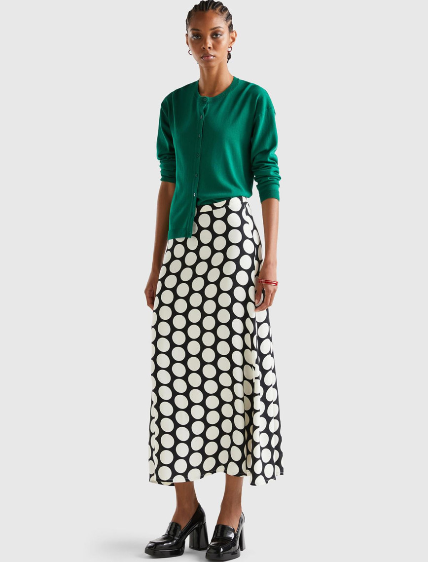 Kadın Siyah Beyaz %100 Viskoz Puantiyeli Yandan Fermuarlı Uzun Etek